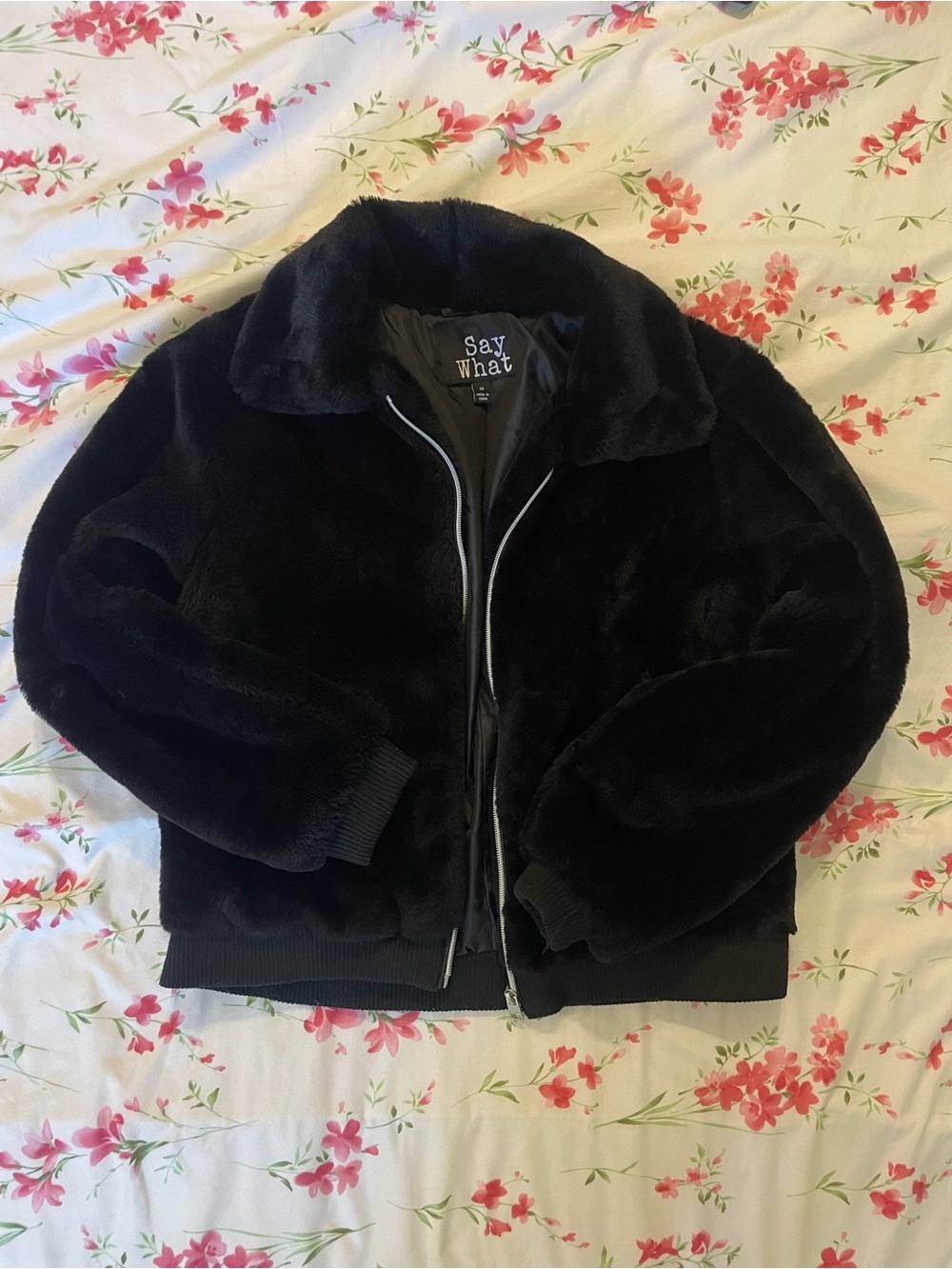 Say What? Black Plush Faux Fur Zip Jacket